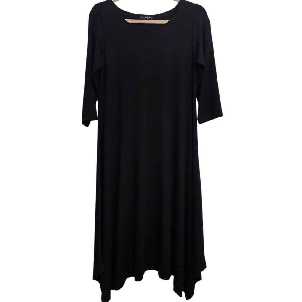 Eileen Fisher Dress‎ Womens Size XS Black Boat Neck Asymmetrical Midi 3/4 Sleeve - Picture 3 of 7